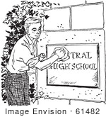 #61482 Retro Clipart Of A Vintage Teenage Boy Polishing A High School Sign In Black And White - Royalty Free Vector Illustration