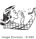 #61483 Retro Clipart Of A Vintage Teen Girl Applying Makeup From A Compact In Black And White - Royalty Free Vector Illustration