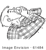 #61484 Retro Clipart Of A Vintage Teenage Boy Pouring Food In His Mouth In Black And White - Royalty Free Vector Illustration