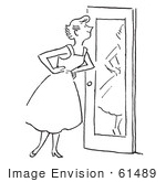 #61489 Retro Clipart Of A Vintage Black And White Lady Smiling At Herself In A Door Mirror - Royalty Free Vector Illustration