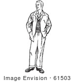 #61503 Retro Clipart Of A Vintage Teenage Guy Standing With His Hands In His Pockets In Black And White - Royalty Free Vector Illustration by JVPD