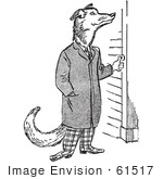 #61517 Retro Clipart Of A Vintage Teenage Boy Depicted As A Wolf, Ringing A Doorbell In Black And White - Royalty Free Vector Illustration by JVPD