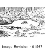 #61567 Clipart Of A Fox Water Trap Set In Black And White - Royalty Free Vector Illustration