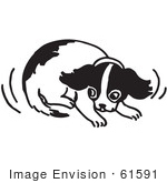 #61591 Clipart Of A Cowering Puppy In Black And White - Royalty Free Vector Illustration