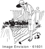 #61601 Clipart Of A Retro Woman Watering A Garden In Black And White - Royalty Free Vector Illustration by JVPD