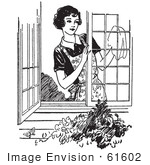 #61602 Clipart Of A Retro Woman Washing Windows In Black And White - Royalty Free Vector Illustration