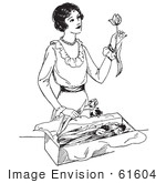 #61604 Clipart Of A Retro Woman Opening A Box Of Tulips In Black And White - Royalty Free Vector Illustration