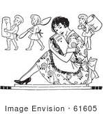 #61605 Clipart Of A Retro Housewife Sitting With A Cook Book And Cherub Chefs In Black And White - Royalty Free Vector Illustration