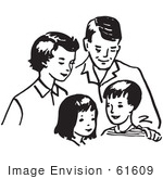 #61609 Clipart Of A Happy Retro Family In Black And White - Royalty Free Vector Illustration by JVPD