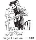 #61613 Clipart Of A Retro Cherub Chef And Wife Serving Her Husband Fresh Cookies In Black And White - Royalty Free Vector Illustration