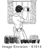 #61614 Clipart Of A Retro Housewife Canning Foods In Black And White - Royalty Free Vector Illustration