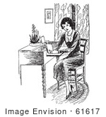 #61617 Clipart Of A Retro Woman Reading A Book At A Desk In Black And White - Royalty Free Vector Illustration