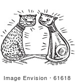 #61618 Clipart Of A Happy Cat Couple In Black And White - Royalty Free Vector Illustration