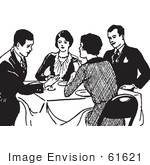 #61621 Clipart Of Retro Couples Talking At A Dinner Table In Black And White - Royalty Free Vector Illustration