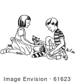 #61623 Clipart Of Children Rescuing A Raccoon In Black And White - Royalty Free Vector Illustration