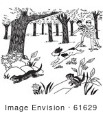 #61629 Clipart Of A Dog Chasing Weasels And Chipmunks And Children Watching Black And White - Royalty Free Vector Illustration