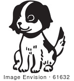 #61632 Clipart Of A Happy Sitting Puppy In Black And White - Royalty Free Vector Illustration