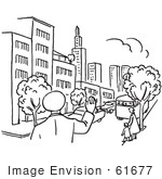 #61677 Clipart Of A Police Man Waving In A City In Black And White - Royalty Free Vector Illustration