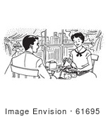 #61695 Clipart Of A Happy Retro Couple Dining In A City Restaurant In Black And White - Royalty Free Vector Illustration