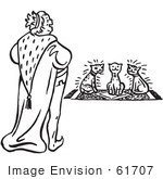 #61707 Clipart Of A King And Cats In Black And White - Royalty Free Vector Illustration