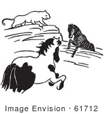 #61712 Clipart Of A Cougar Watching A Horse Stuck In Rocks In Black And White - Royalty Free Vector Illustration