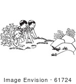 #61724 Clipart Of Children Watching A Chipmunk In Black And White - Royalty Free Vector Illustration