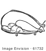 #61732 Clipart Of A Turkey Trussed For Roasting In Black And White - Royalty Free Vector Illustration