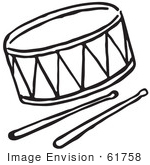 #61758 Clipart Of A Drum And Sticks In Black And White - Royalty Free Vector Illustration