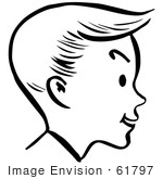 #61797 Clipart Of A Happy Retro Boy Face In Profile In Black And White - Royalty Free Vector Illustration