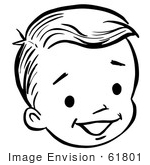 #61801 Clipart Of A Happy Retro Boy Face In Black And White - Royalty Free Vector Illustration by JVPD