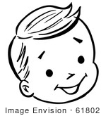 #61802 Clipart Of A Happy Retro Boy Face In Black And White - Royalty Free Vector Illustration