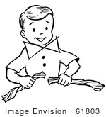 #61803 Clipart Of A Happy Retro Boy Performing A Super Man Napkin Breaking Magic Trick In Black And White - Royalty Free Vector Illustration