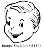 #61804 Clipart Of A Happy Retro Boy Face In Black And White - Royalty Free Vector Illustration