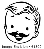#61805 Clipart Of A Happy Retro Boy Face With A Mustache In Black And White - Royalty Free Vector Illustration