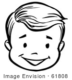 #61808 Clipart Of A Happy Retro Boy Face In Black And White - Royalty Free Vector Illustration by JVPD
