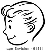 #61811 Clipart Of A Happy Retro Boy Face In Profile In Black And White - Royalty Free Vector Illustration
