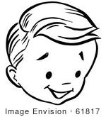 #61817 Clipart Of A Happy Retro Boy Face In Black And White - Royalty Free Vector Illustration