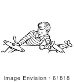 #61818 Clipart Of A Retro Boy Playing With Airplanes In Black And White - Royalty Free Vector Illustration
