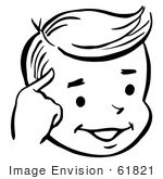 #61821 Clipart Of A Happy Retro Boy Touching His Temple In Black And White - Royalty Free Vector Illustration
