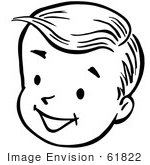 #61822 Clipart Of A Happy Retro Boy Face In Black And White - Royalty Free Vector Illustration by JVPD