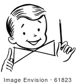 #61823 Clipart Of A Happy Retro Boy Holding A Pencil In Black And White - Royalty Free Vector Illustration