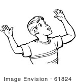 #61824 Clipart Of A Retro Boy Throwing Up His Arms In Black And White - Royalty Free Vector Illustration