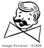 #61826 Clipart Of A Happy Retro Boy With A Mustache And Bow In Black And White - Royalty Free Vector Illustration