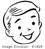 #61829 Clipart Of A Happy Retro Boy Face In Black And White - Royalty Free Vector Illustration