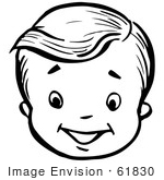 #61830 Clipart Of A Happy Retro Boy Face In Black And White - Royalty Free Vector Illustration by JVPD