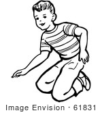 #61831 Clipart Of A Retro Boy Kneeling In Black And White - Royalty Free Vector Illustration