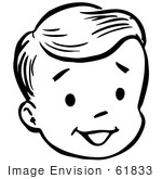 #61833 Clipart Of A Happy Retro Boy Face In Black And White - Royalty Free Vector Illustration