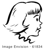 #61834 Clipart Of A Happy Retro Girl In Profile In Black And White - Royalty Free Vector Illustration