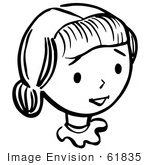 #61835 Clipart Of A Happy Retro Girl In Black And White - Royalty Free Vector Illustration