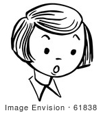 #61838 Clipart Of A Surprised Retro Girl In Black And White - Royalty Free Vector Illustration